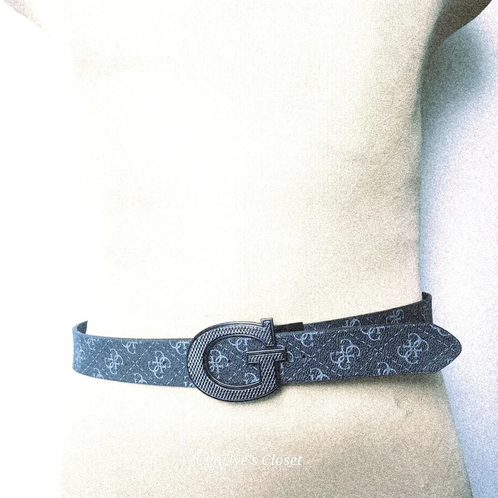 Guess Monogram Logo Belt Mens 32 Grey/Black Excellent Large G Buckle Y2K Vibes